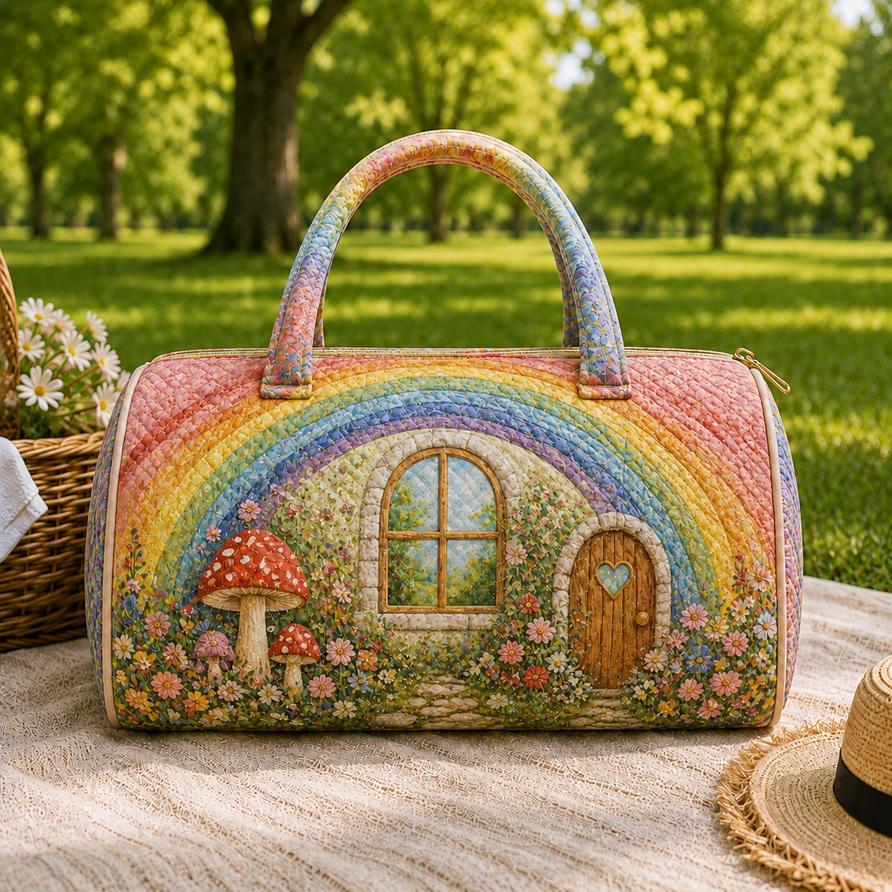 Cottagecore Rainbow Cottage Quilted Duffel Bag – product view 1