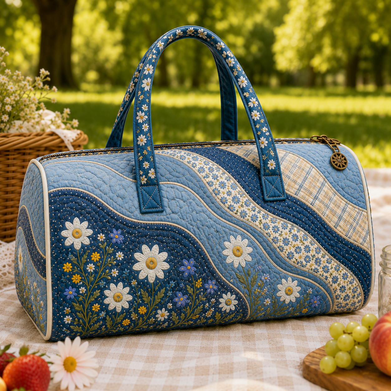 Blue Floral Cottagecore Daisy Duffel Bag – product view 2