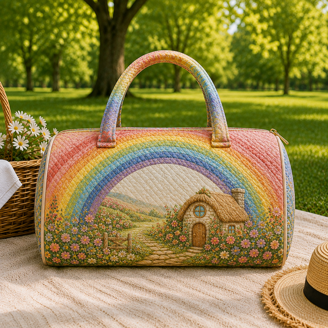 Cottagecore Rainbow Cottage Quilted Duffel Bag – product view 2