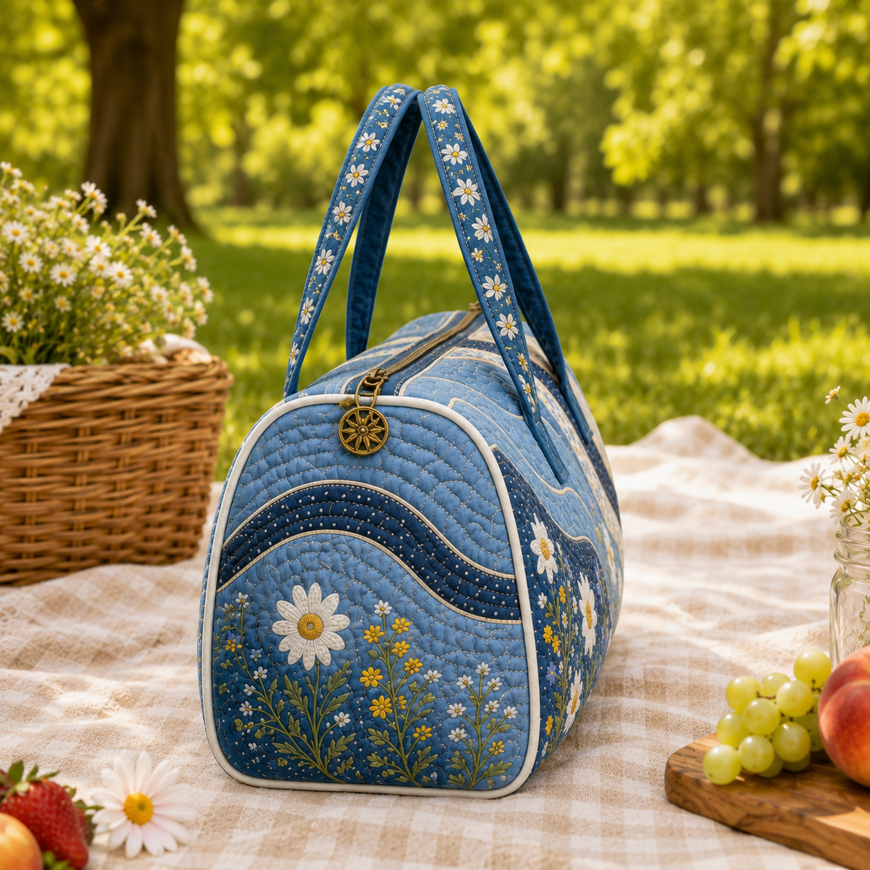Blue Floral Cottagecore Daisy Duffel Bag – product view 3