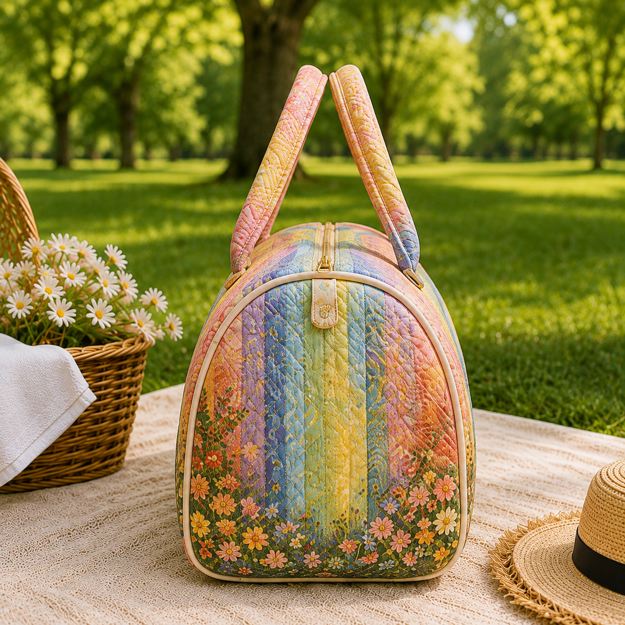 Cottagecore Rainbow Cottage Quilted Duffel Bag – product view 3