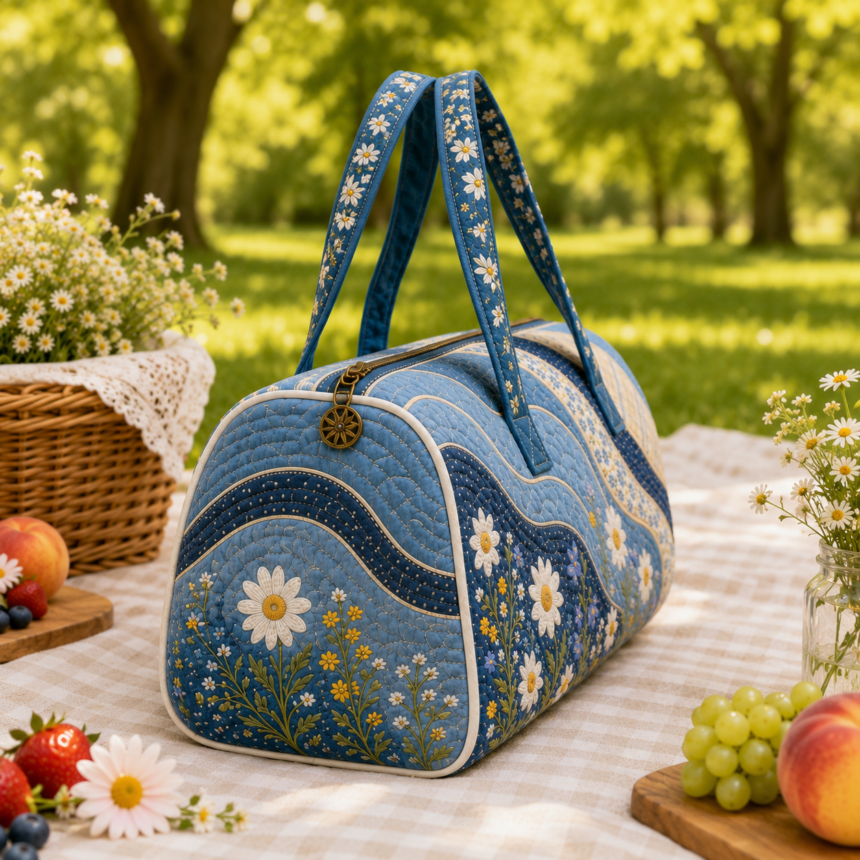 Blue Floral Cottagecore Daisy Duffel Bag – product view 4