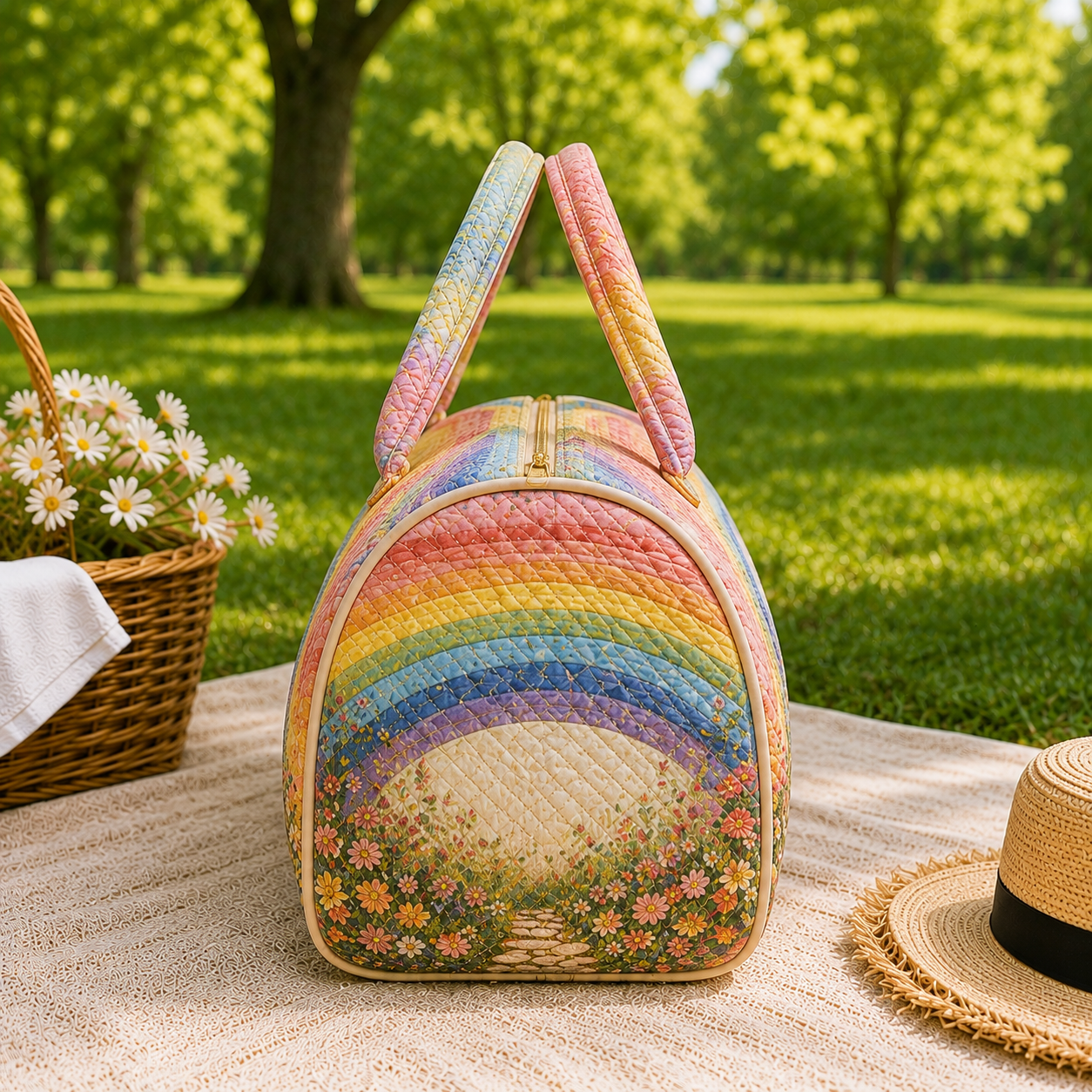 Cottagecore Rainbow Cottage Quilted Duffel Bag – product view 4