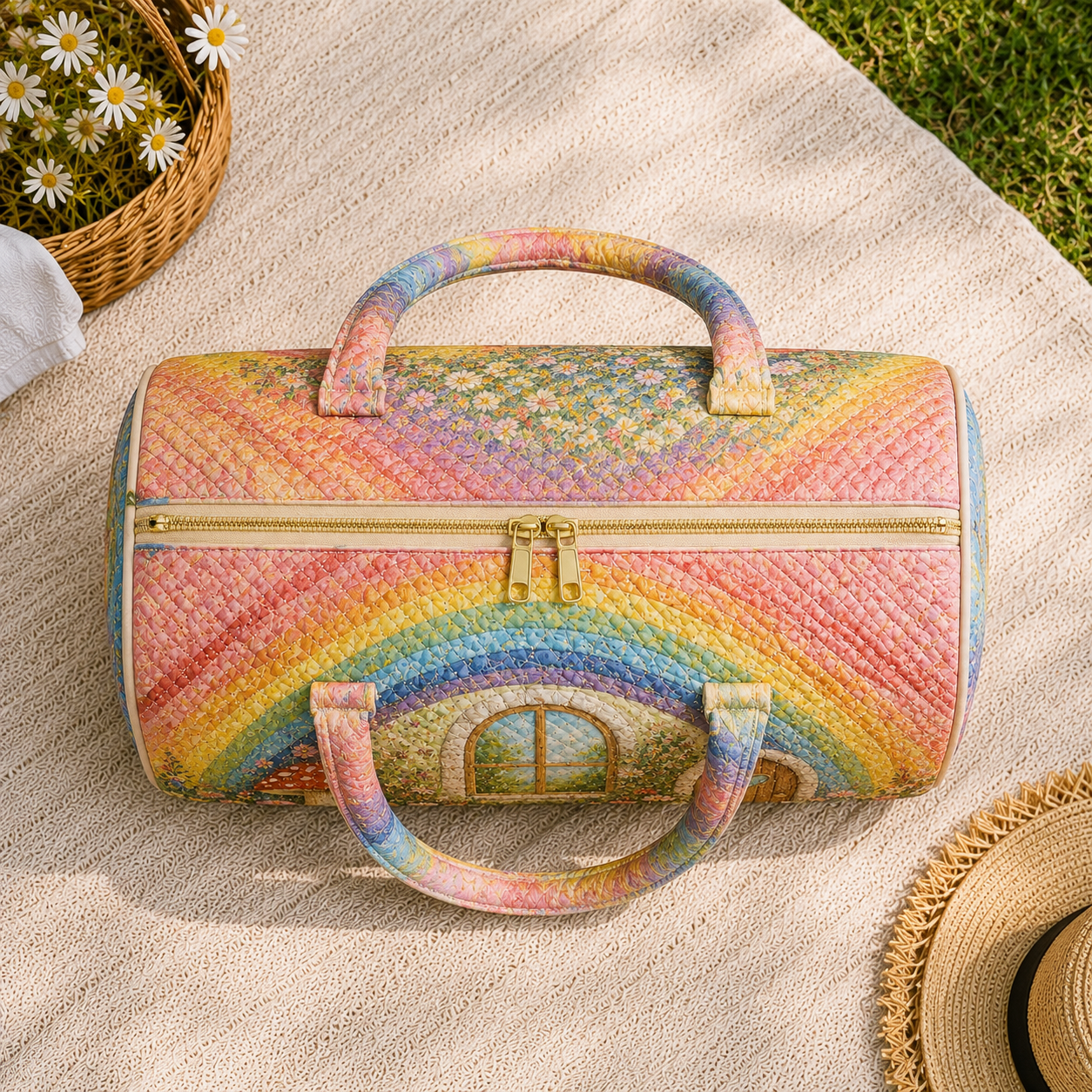 Cottagecore Rainbow Cottage Quilted Duffel Bag – product view 5