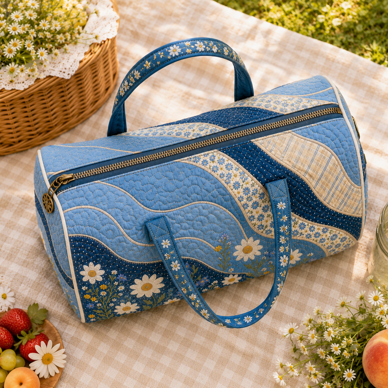 Blue Floral Cottagecore Daisy Duffel Bag – product view 5